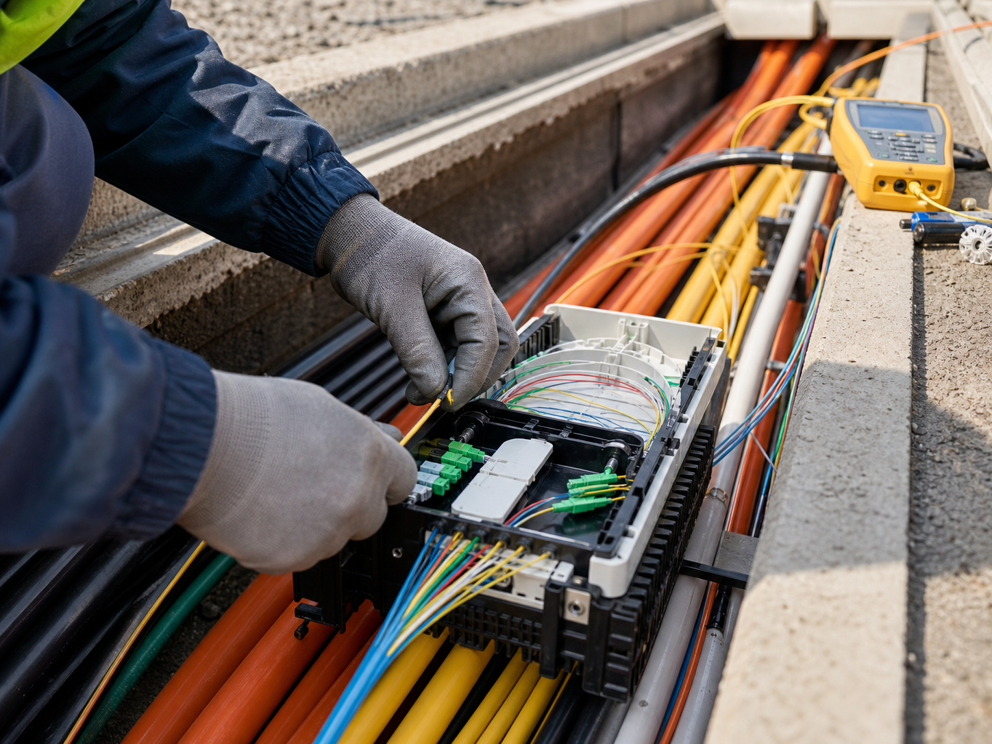 Techniker arbeitet an Glasfaser- und Telekommunikationsleitungen